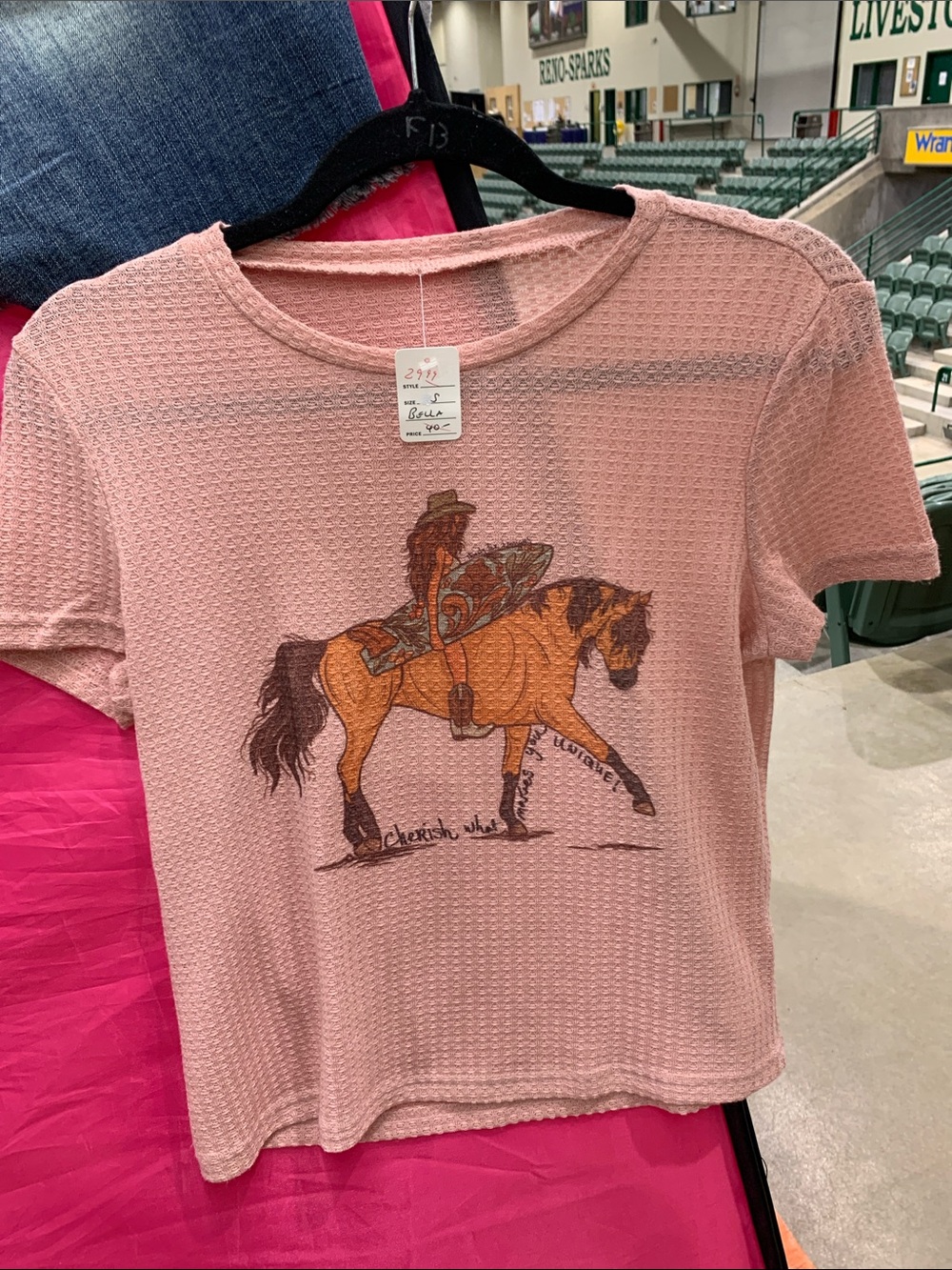 Pink Waffle Short Sleeve Tee with horse print.